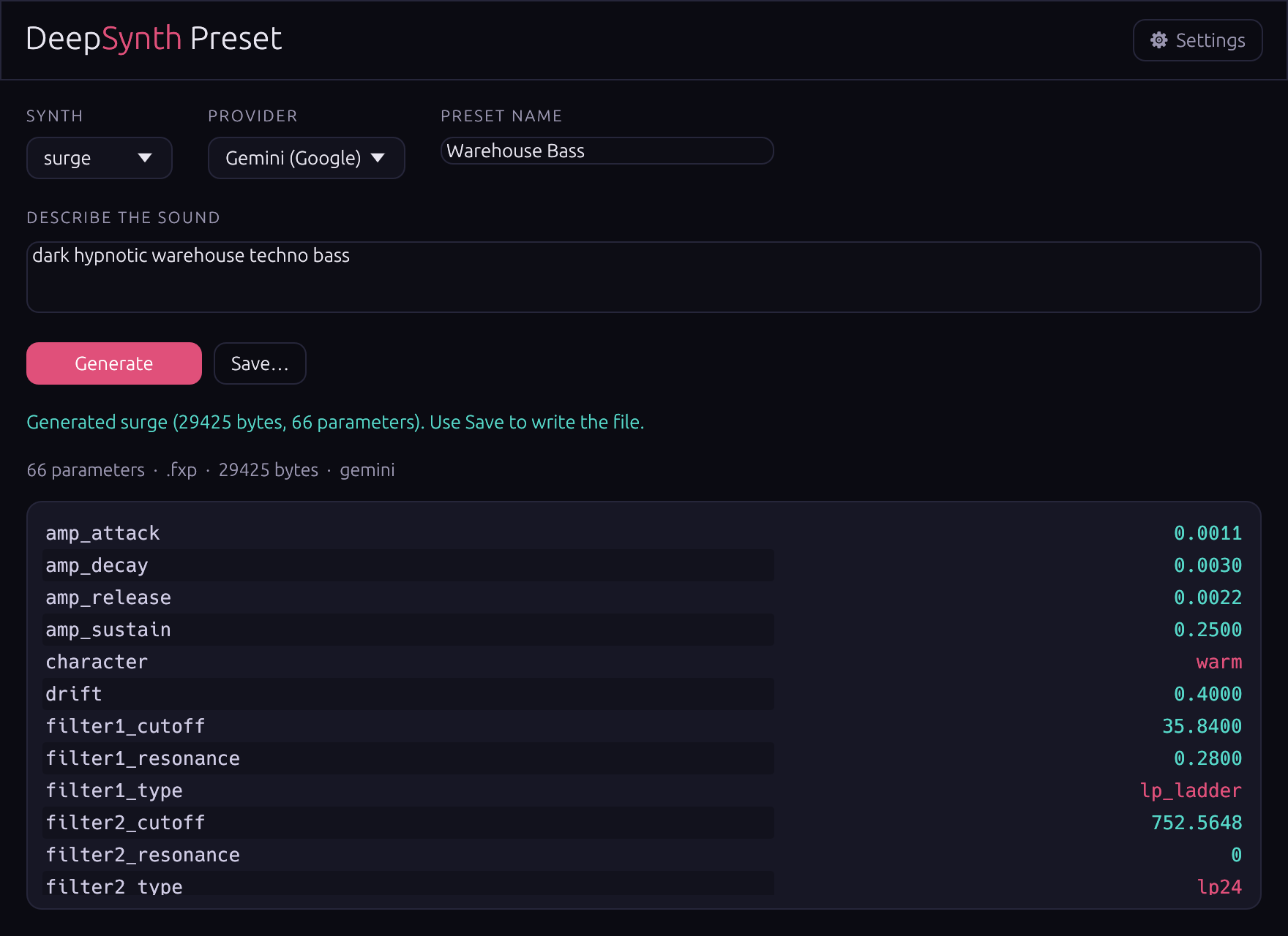 DeepSynth Preset app right after generating a Surge XT patch with Gemini